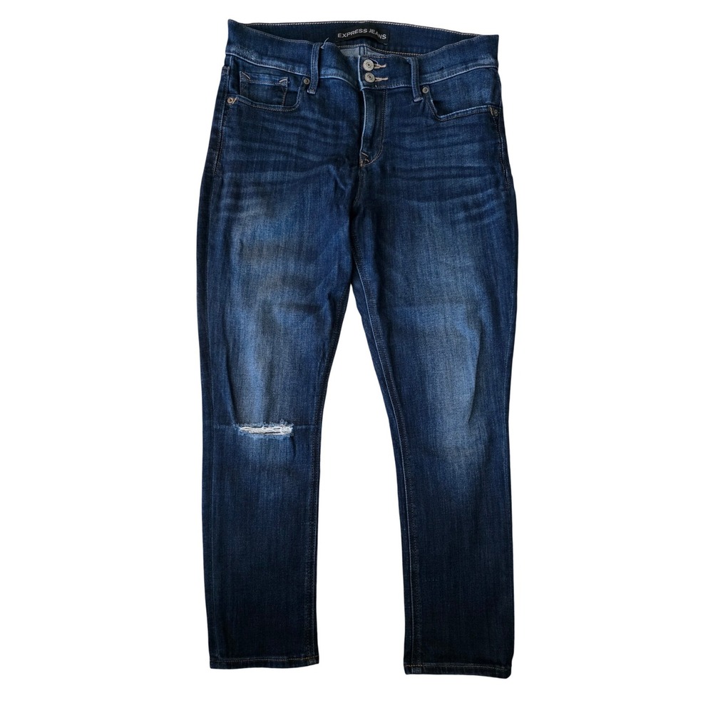 Express Jeans Womens 8R‎ Dark Wash Cropped Legging Mid Rise Distressed Denim